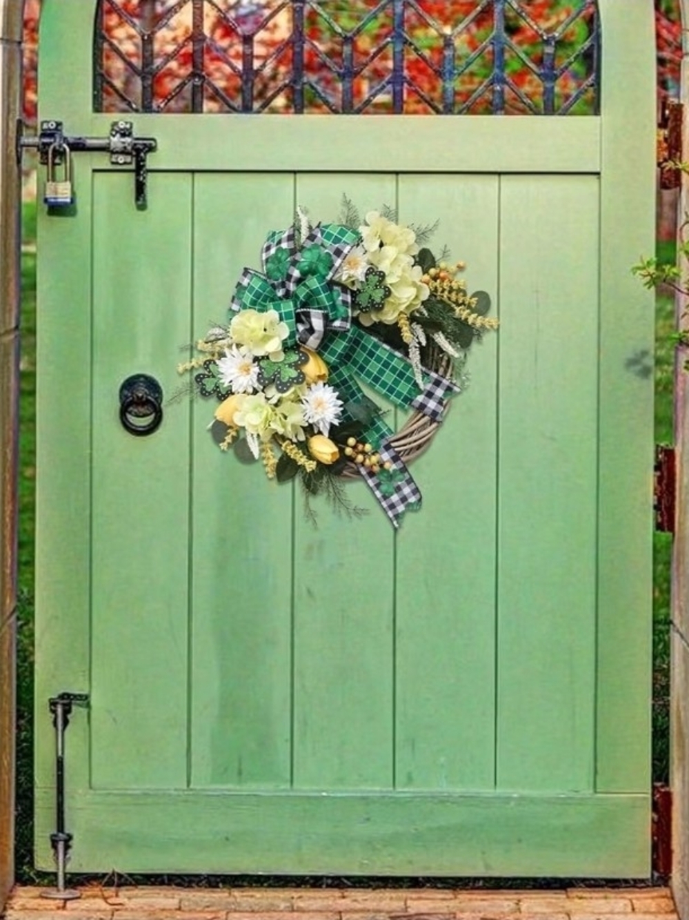 St. Patrick's Day Spring Wreath with Green Plaid Bow & Yellow Accents - Picture 6 of 8